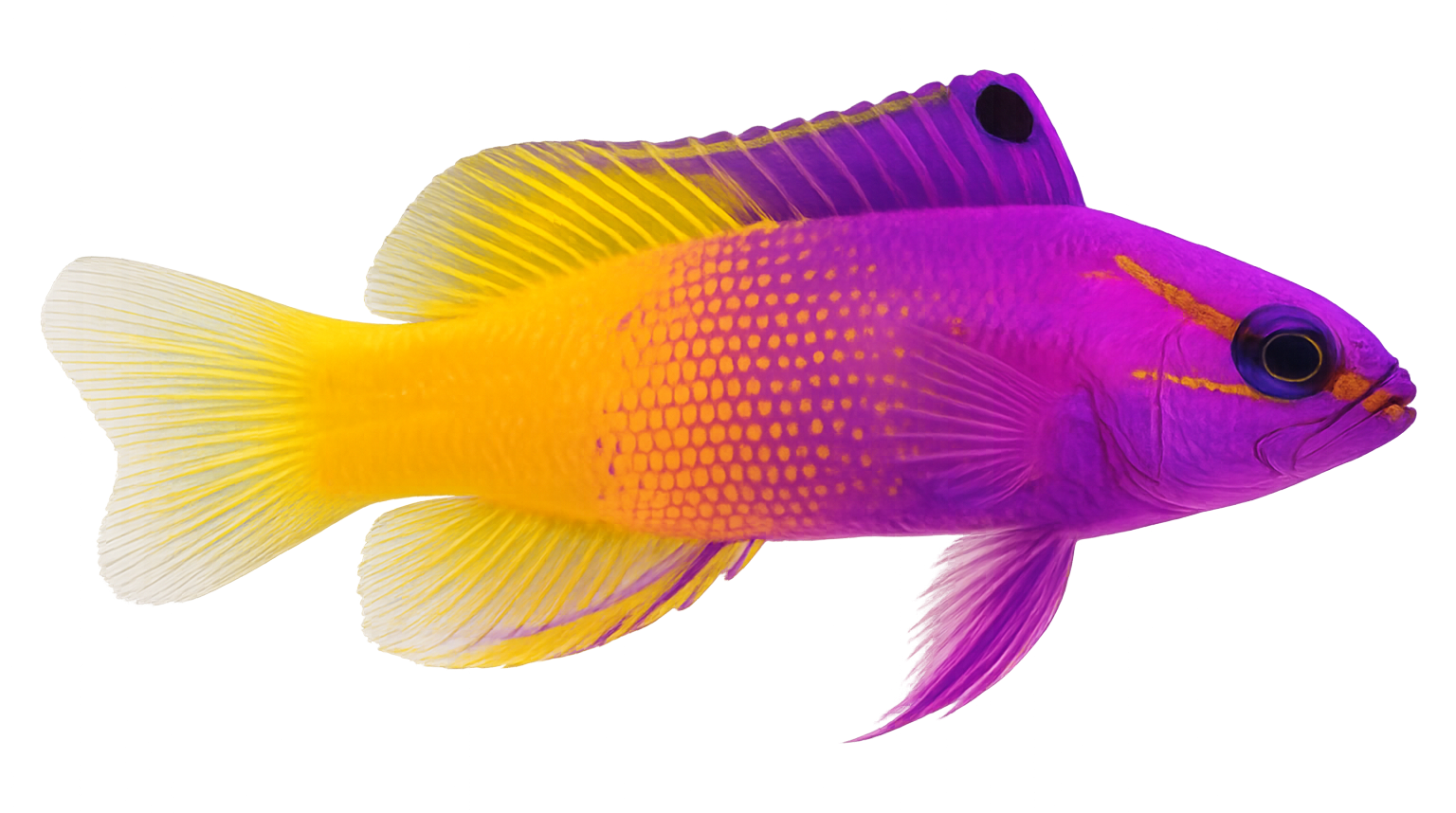 Royal Gramma Fairy Basslet with purple front and yellow rear in a reef aquarium
