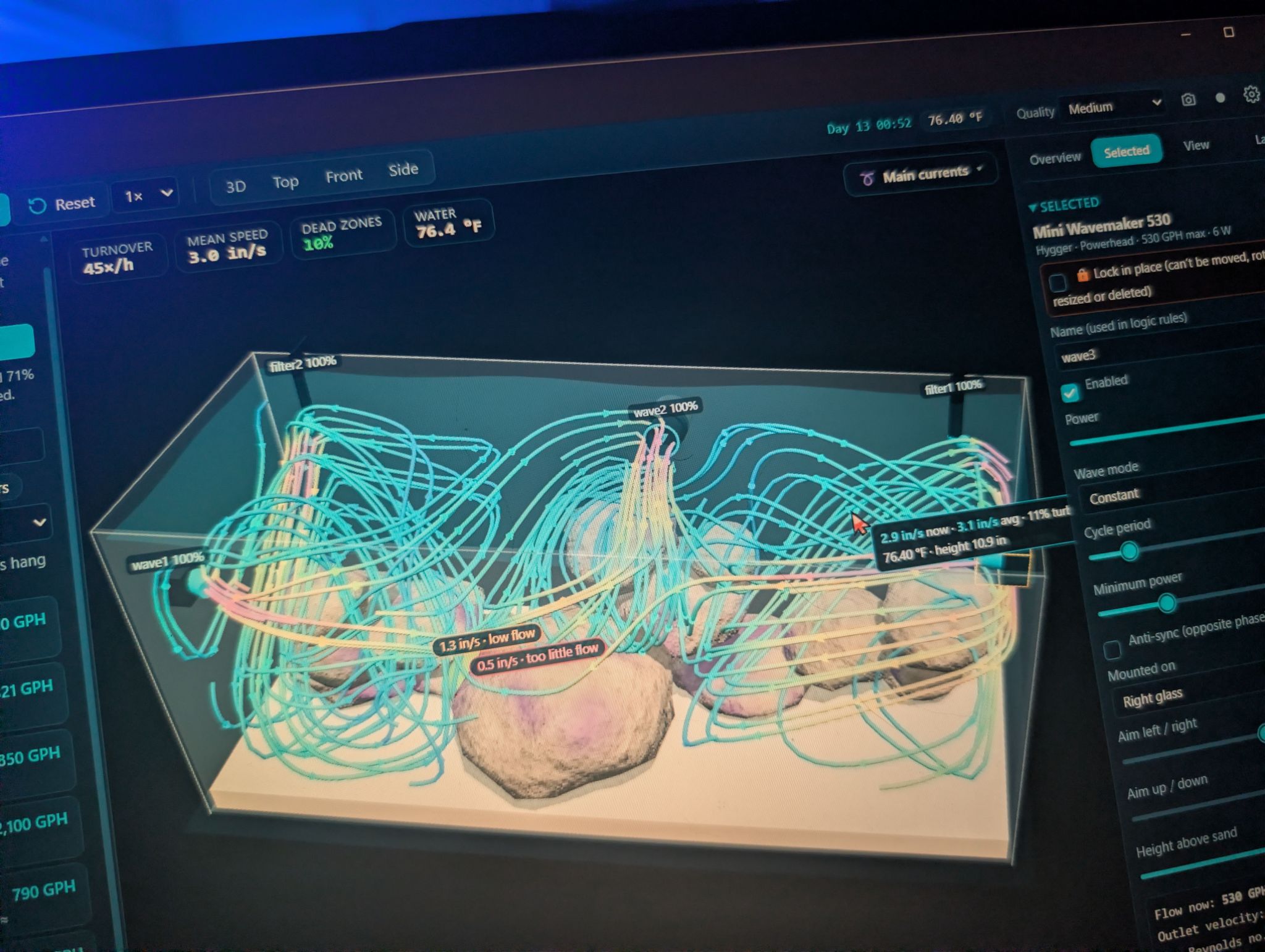 Flow simulator for reef tank dead spots and wave maker placement (photo 3)