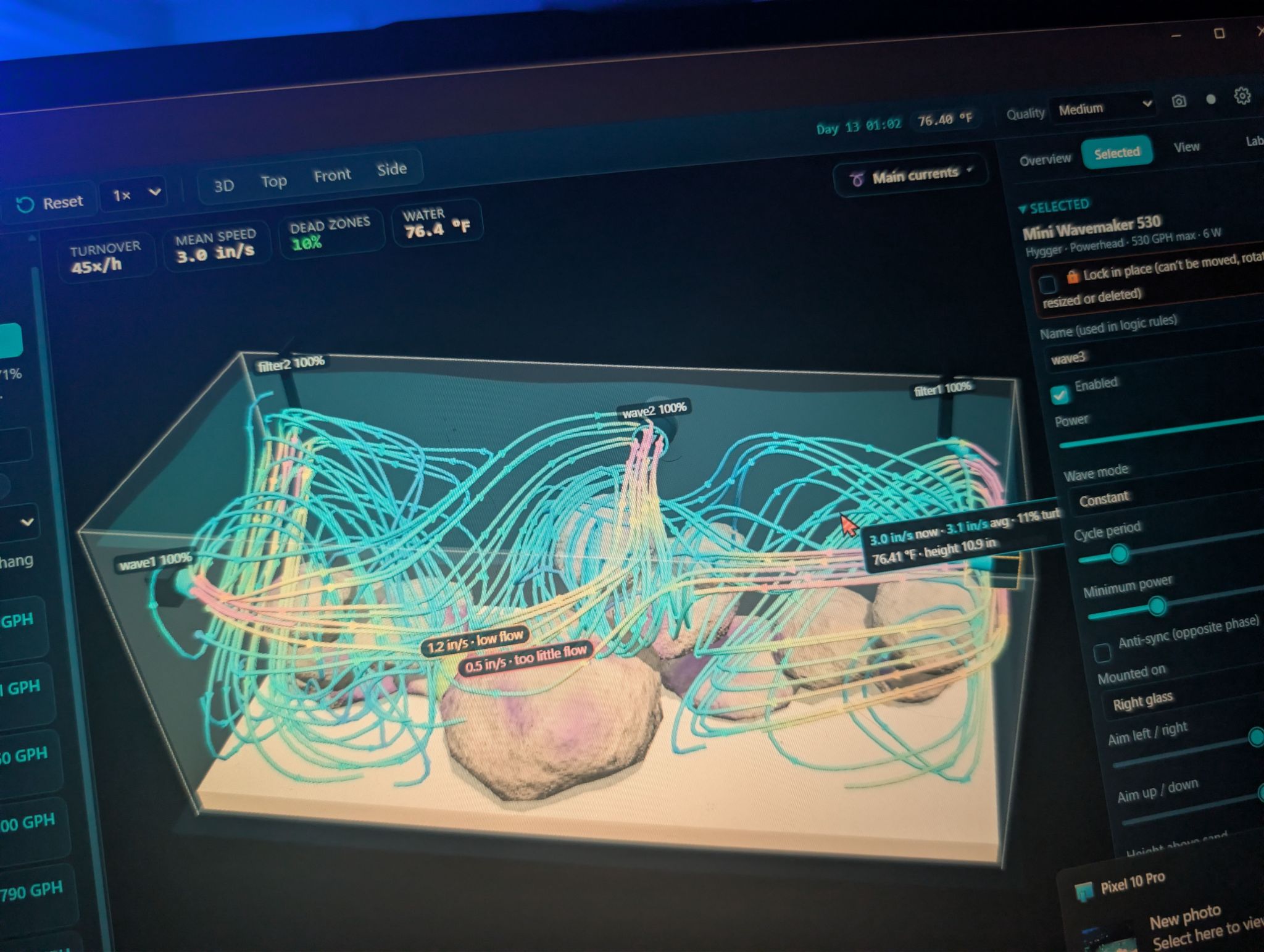 Flow simulator for reef tank dead spots and wave maker placement (photo 4)