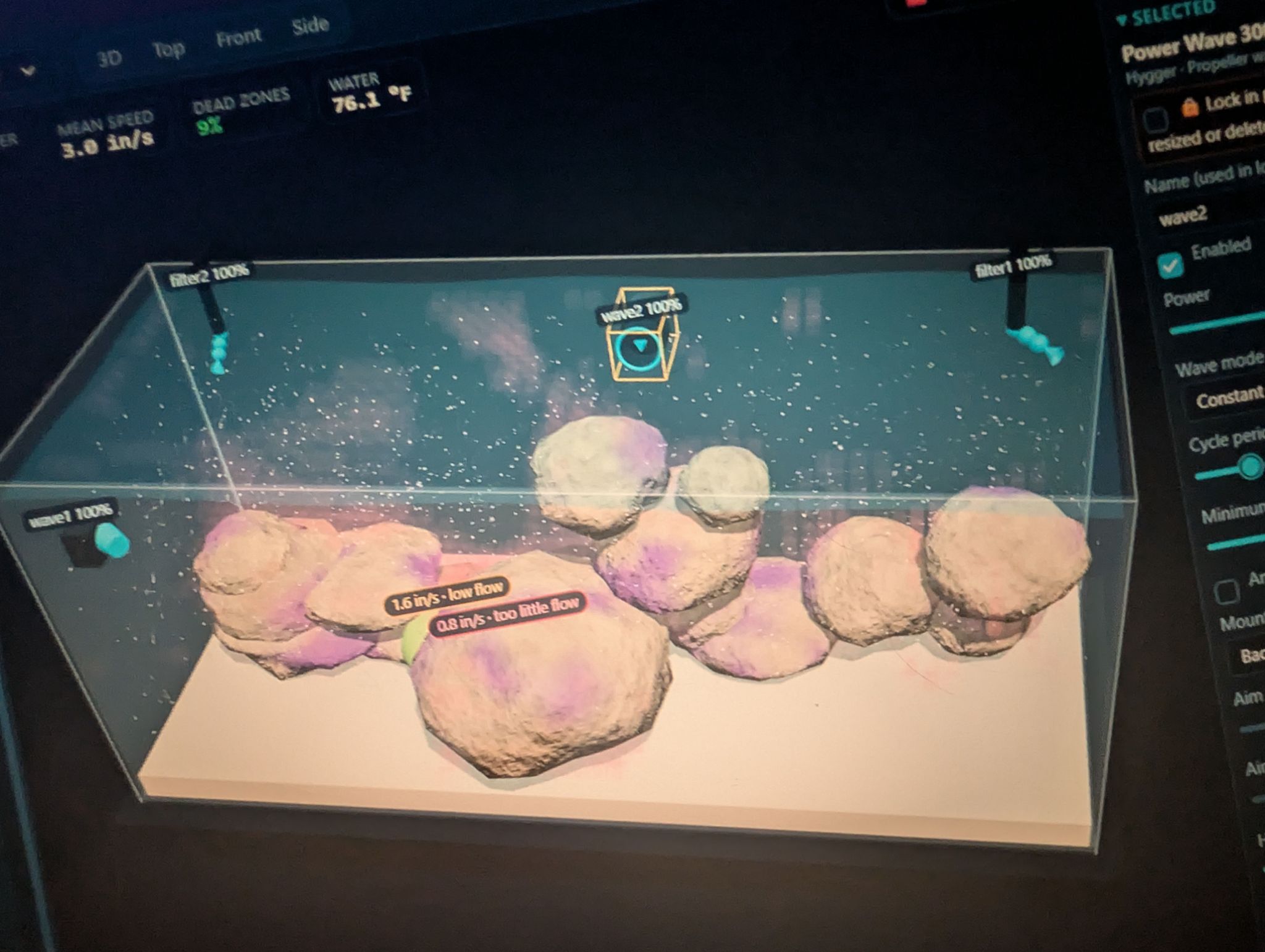 Flow simulator for reef tank dead spots and wave maker placement