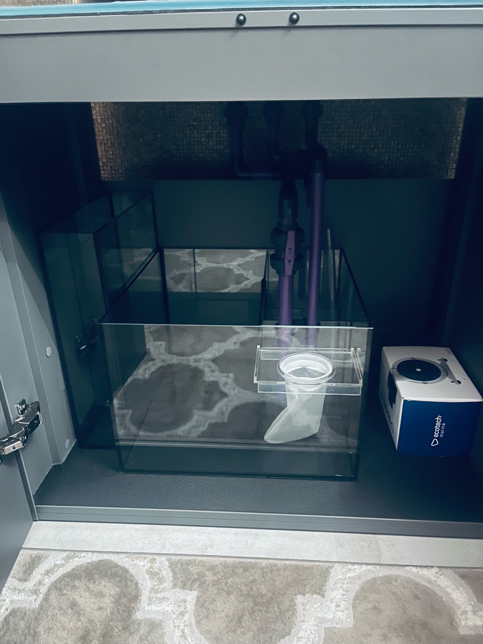 Nyos Quantum 160 EQ sump installed in reef tank cabinet